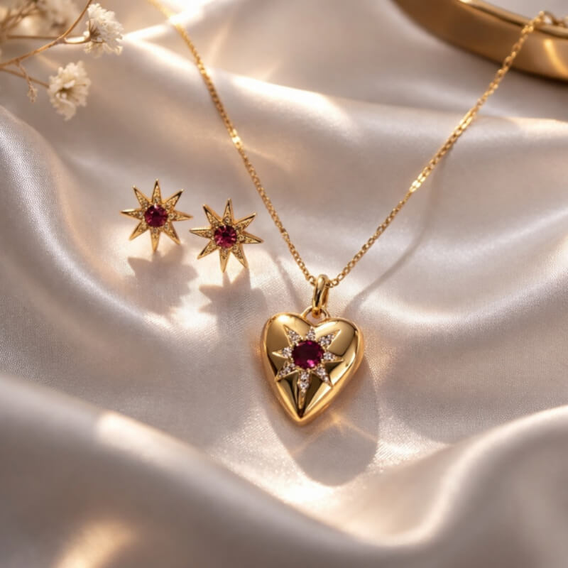 COLLAR DORADO CON RELICARIO DE CORAZÓN + ARETES ESTRELLA