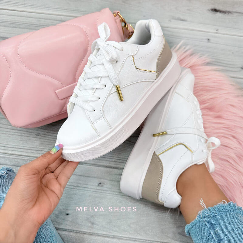 Sneakers Blanco Tiza con Línea Dorada