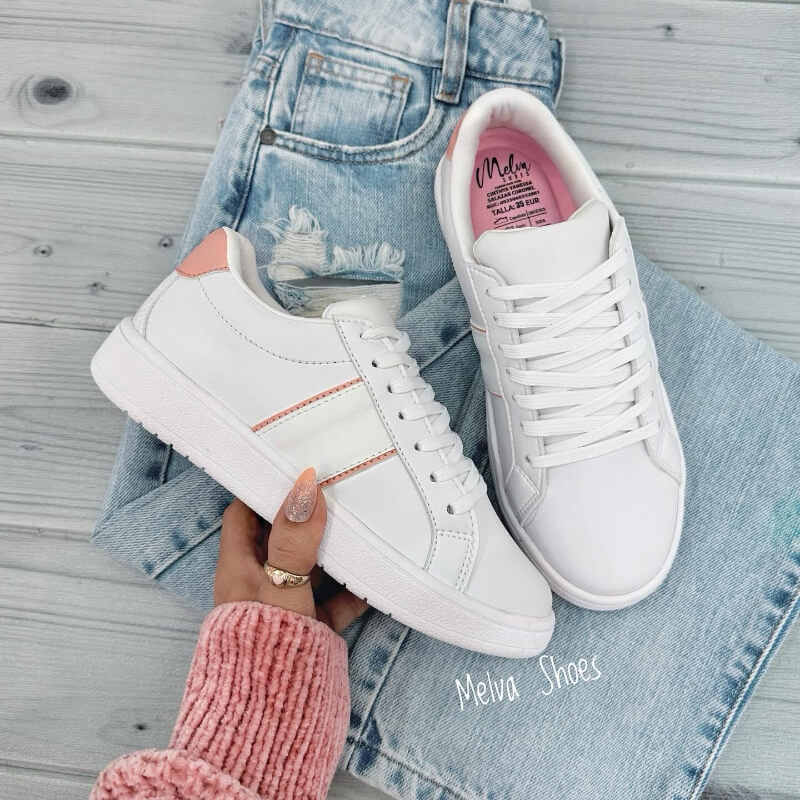 Sneakers Blancos con Talón y Líneas Rosadas