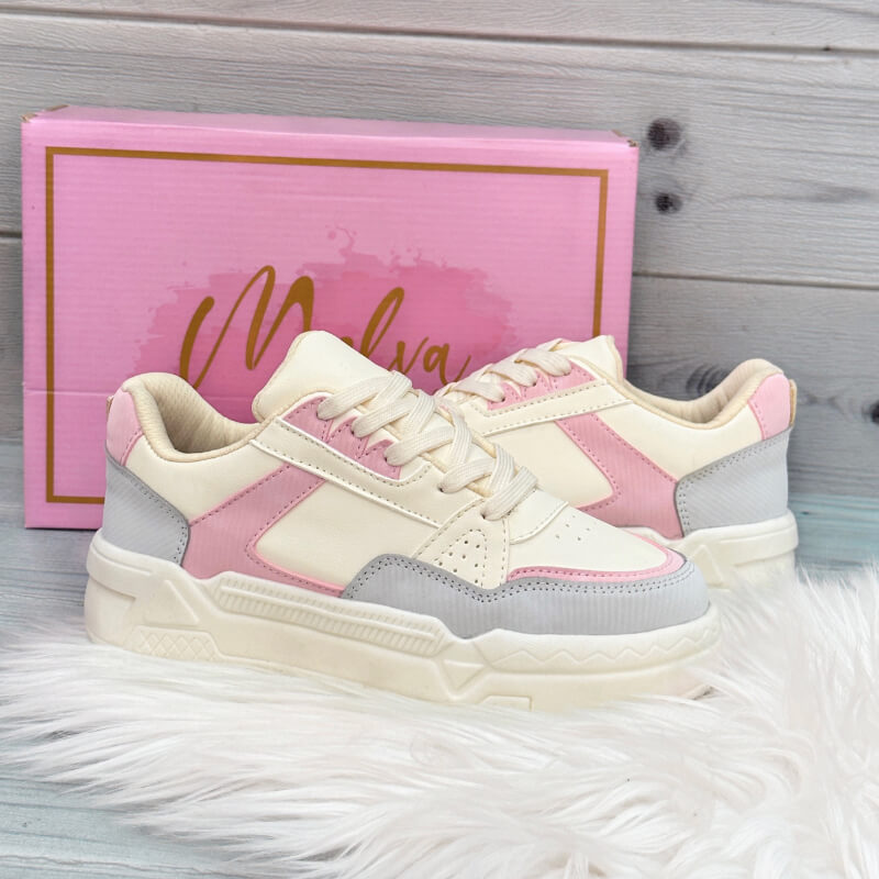 Sneakers Beige con Rosado y Gris