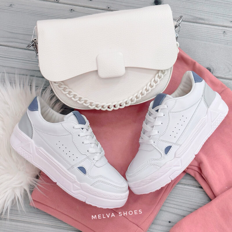 Sneakers Blancos con Detalles Azules y Gris