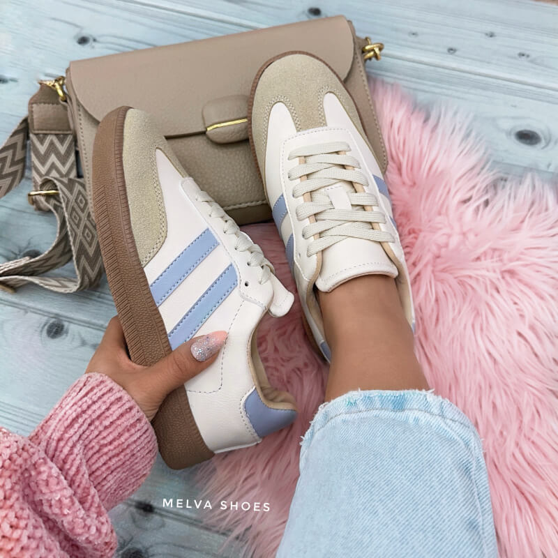 Sneakers Beige, Celeste y Gris con Suela Café