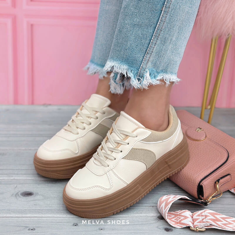 Sneakers Beige y Kaki con Suela Cafe