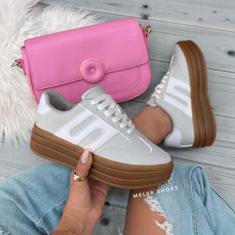 Sneakers Gris con Blanco y Suela Café