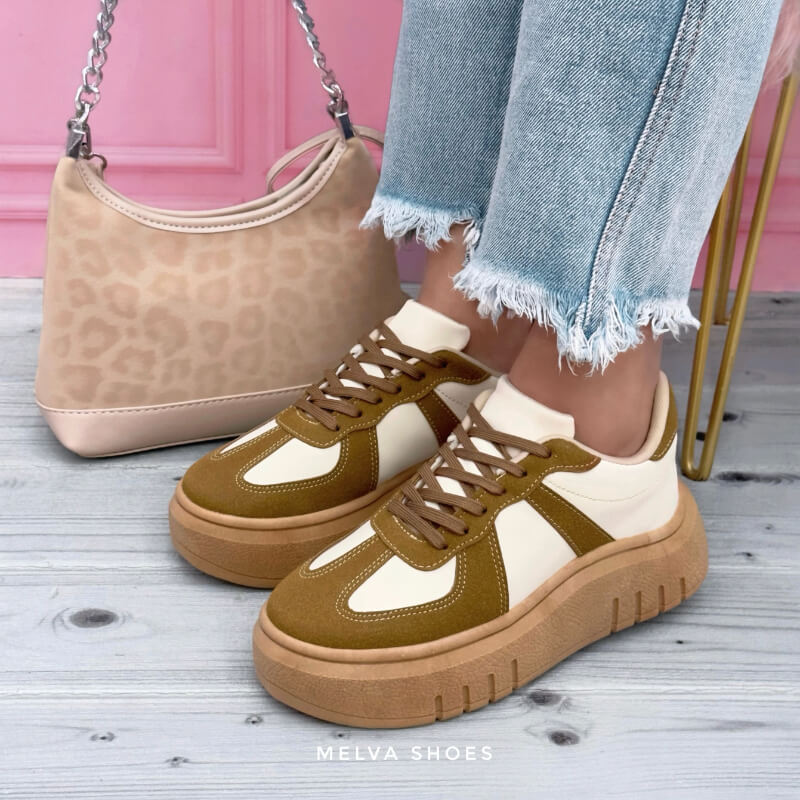 Sneakers Beige y Café con Suela Café