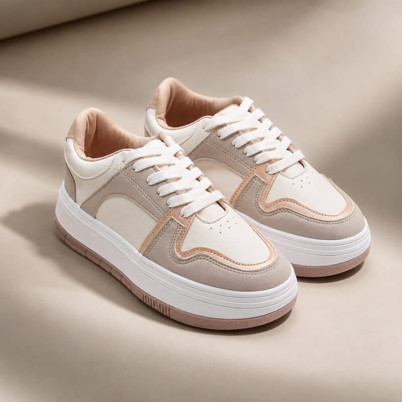 Sneakers Beige y Café con Filos Dorados