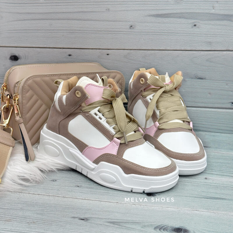 Botin Blanco con Café y Rosa