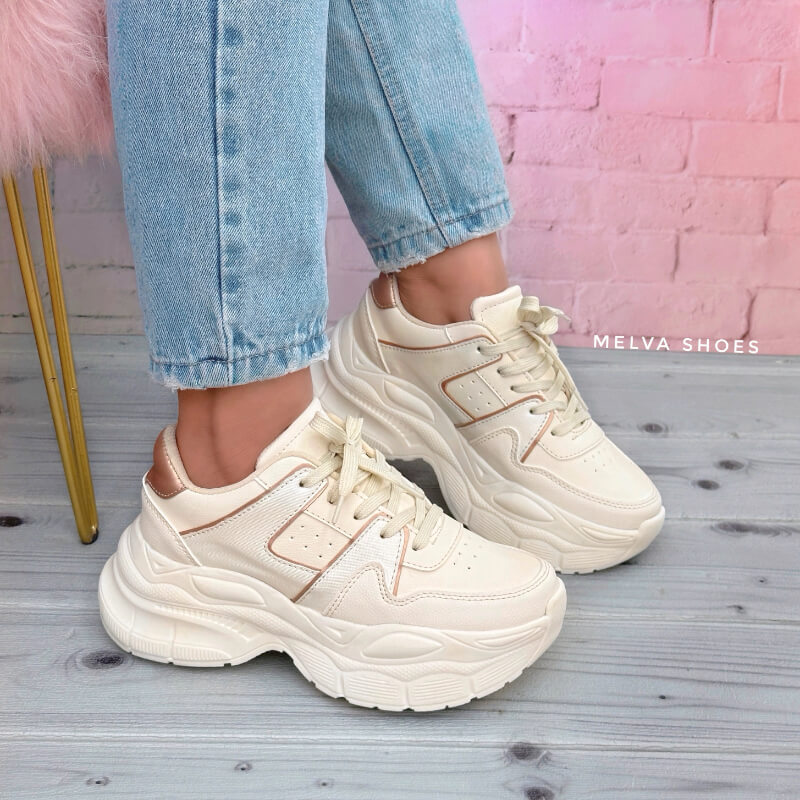Sneakers Chunky Beige con Filos Oro Rosa