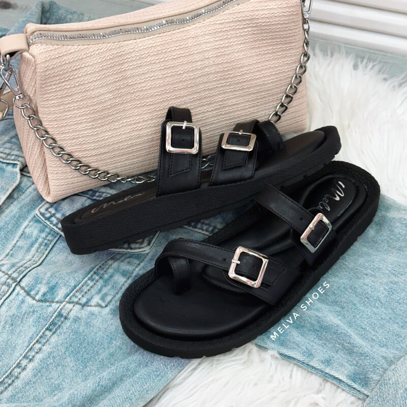 Sandalias Altas Negras de Doble Tira con Hebilla Plateada Ajustable