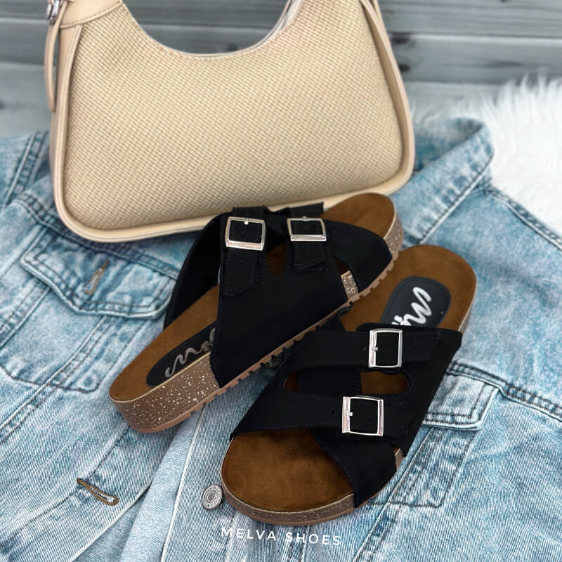 Sandalias Altas Negras con Doble Tira y Hebillas Plateadas