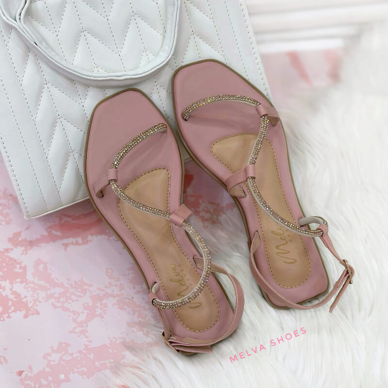 Sandalias Bajas Rosadas con Tira Fina Brillosa Oro Rosa y Correa al Tobillo
