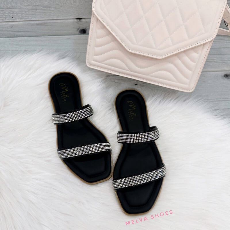 Sandalias Bajas Negras con Doble Faja Brillosa