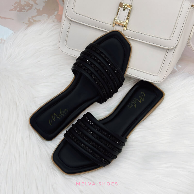 Sandalias Bajas Negras con Faja de Tiras con Brillo