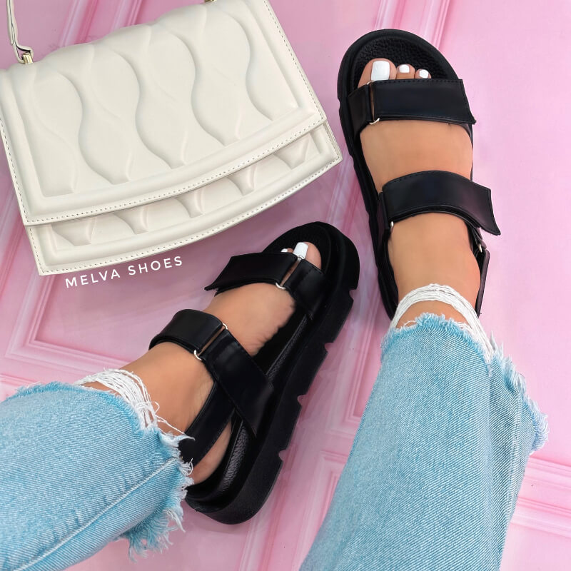 Sandalias Altas Sport Negras con Doble Tira Velcro