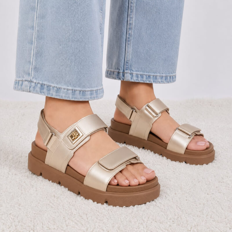 Sandalias Altas Doradas Doble Tira con Velcro