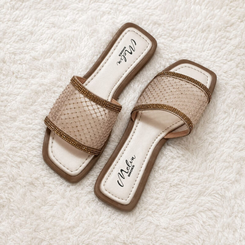 Sandalias Bajas Dorado Champán con Capellada de Malla y Brillos