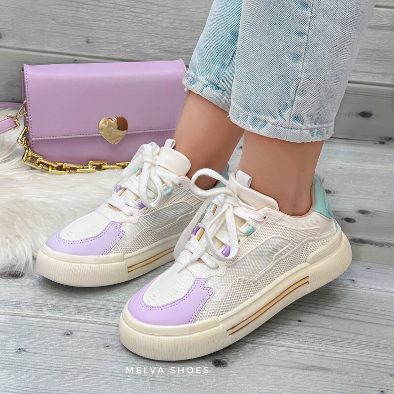 Sneakers Capellada Beige, Lila y Turquesa