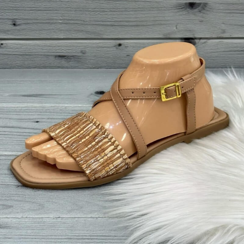 Sandalias Bajas Kaki con Faja y Correa al Tobillo