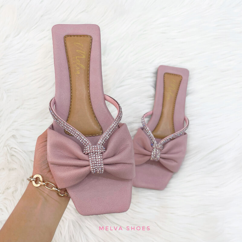 Sandalias Bajas Palo Rosa con Lacito y Tiras Brillantes