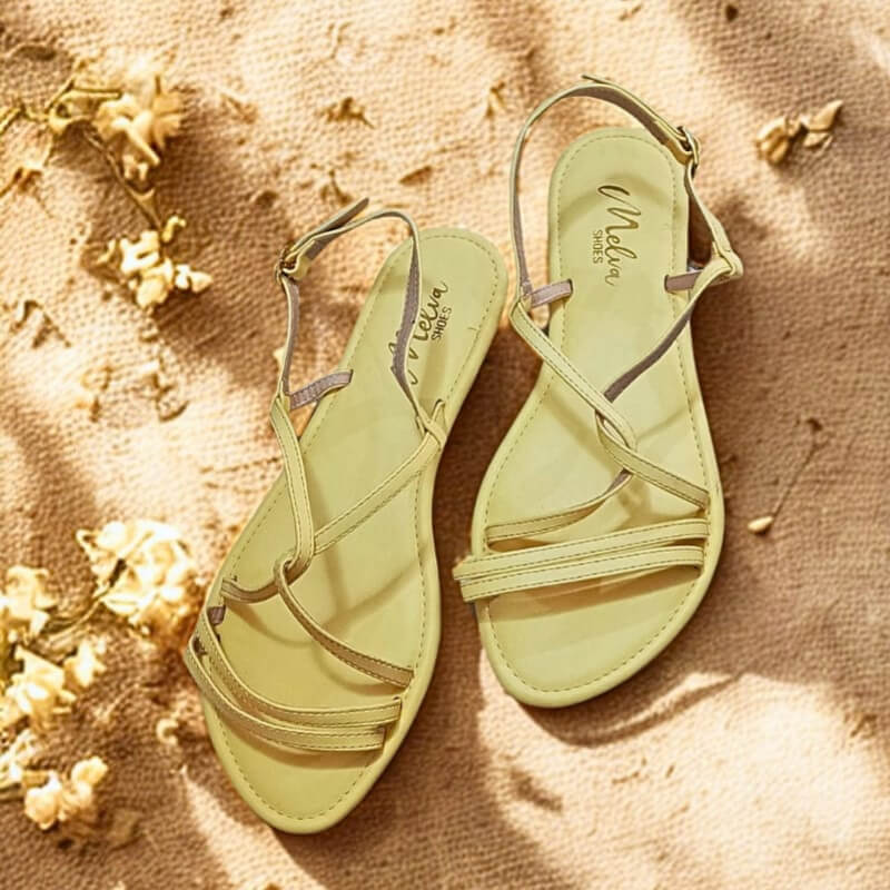 Sandalias Bajas Amarillas con Tiras Finas Entrelazadas y Correa en Tobillo
