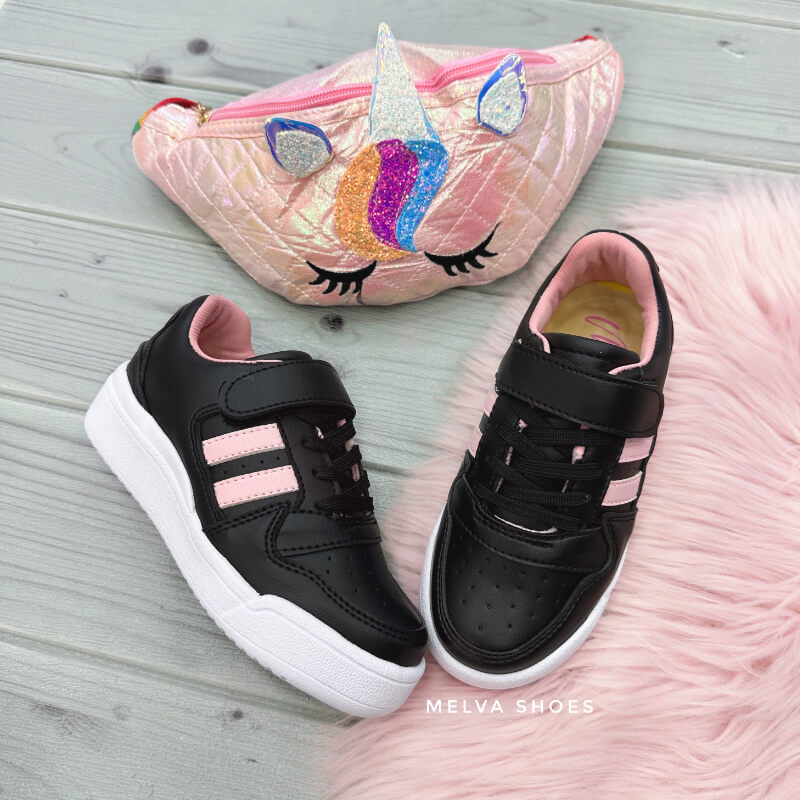 Sneakers Niña Rosado y Negro con Cordones, Velcro y 2 Rayas – Estilo Deportivo y Moderno