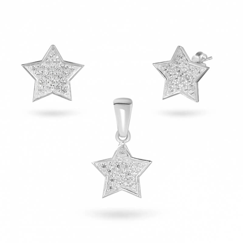 Juego de Plata 925 Genuina: Cadena Venecia 45cm, Dije y Aretes Estrella con Circones Blancos – Hipoalergénico y Sofisticado