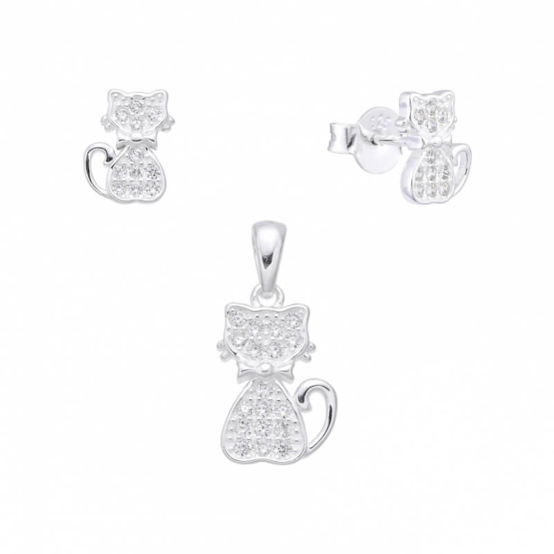 Juego de Joyas Gatitos Plata Fina 925 con Circones Blancos – Cadena Venecia 45cm, Dije y Aretes Hipoalergénicos