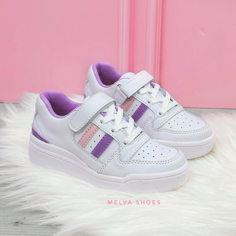 Sneakers Niña Lila, Rosado y Blanco con Cordones, Velcro y 2 Rayas – Estilo Deportivo y Dulce