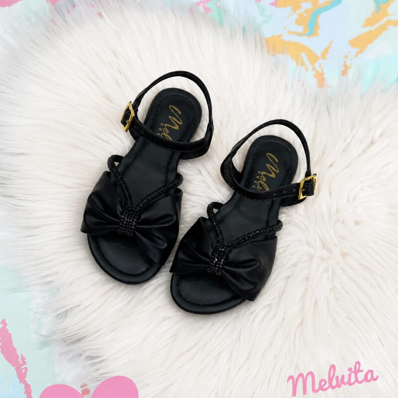 Sandalias Niña Negras con Lacito y Tiras Brillosas