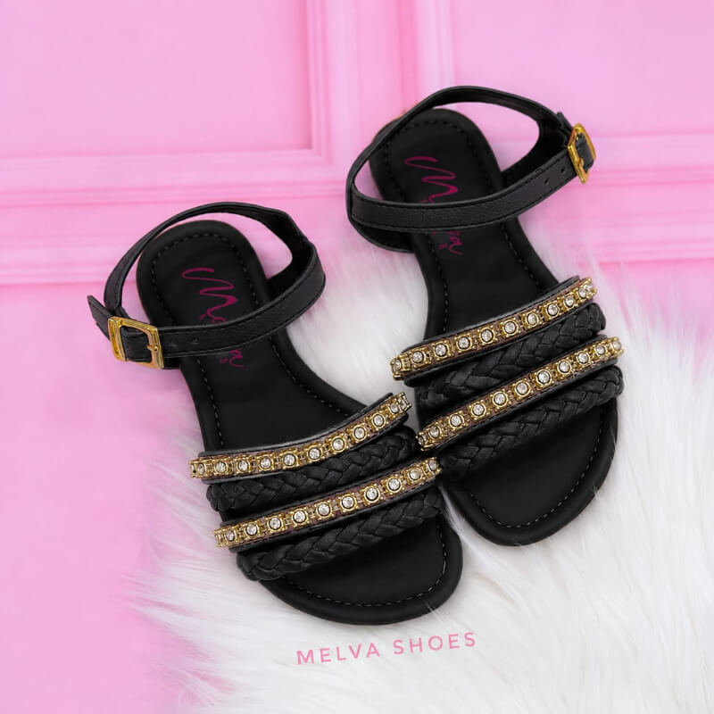 Sandalias Niña Negras con Tiras Trenzadas y Brillos Dorados