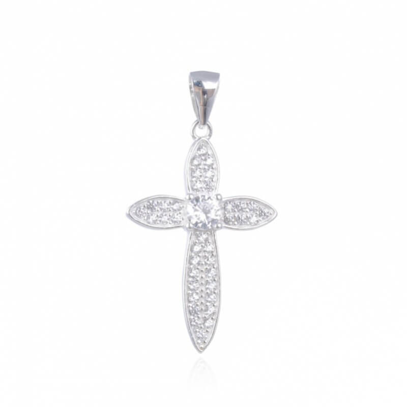 Dije Cruz con Circones Blancos 3x2cm - Elegancia y Fe en Plata 925