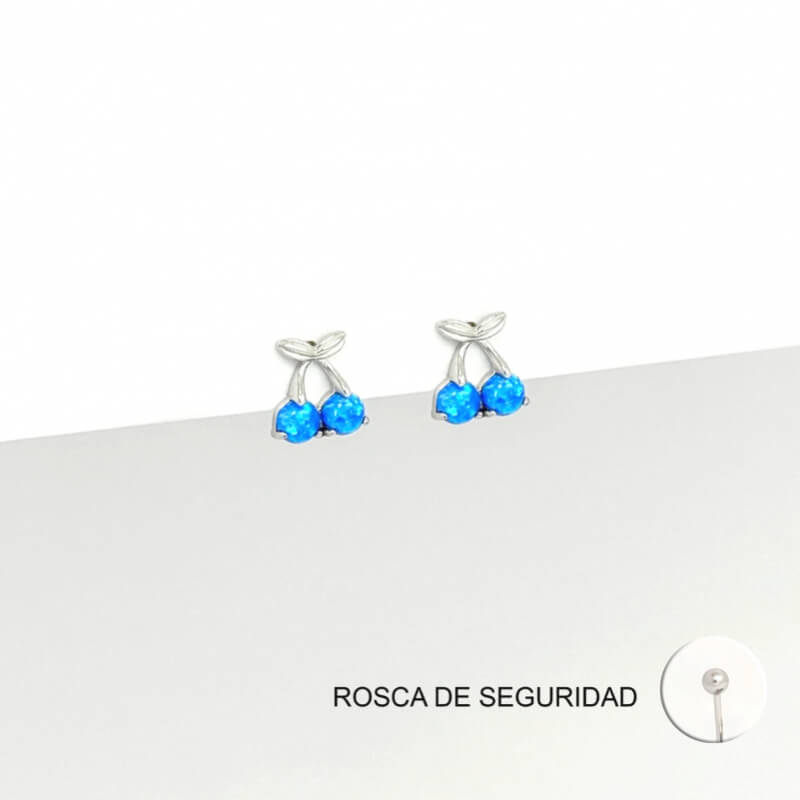 Aretes de Plata 925 con Cereza Azul y Rosca de Seguridad - Joyería Fina para Mujer