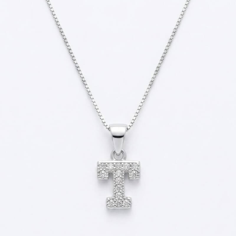 Collar Plata Ley 925 - Dije Inicial 'T' Microcircones 1.2cm - Elegancia y Brillo