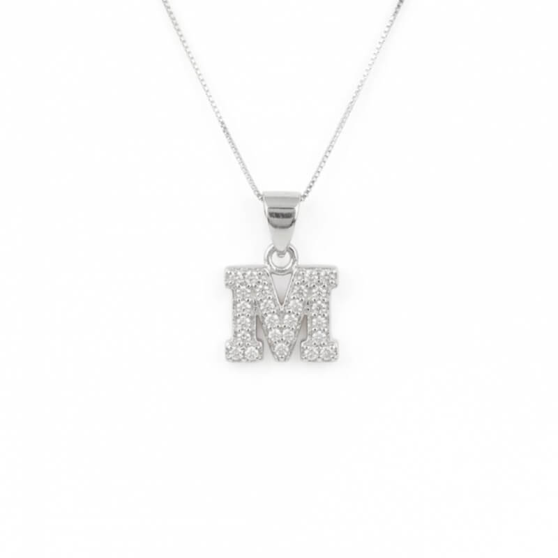 Collar Plata Ley 925 - Dije Inicial 'M' con Microcircones 1.2cm - Elegancia y Brillo