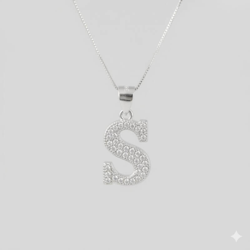 Collar Plata Ley 925 - Dije Inicial con Microcircones 1.2cm + Cadena 45 cm - Joyería Fina para Mujer