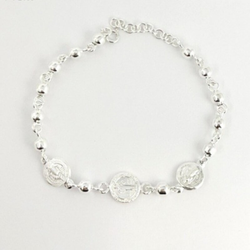 PULSERA EN PLATA LEY 925 BOLAS MEDALLA SAN BENITO