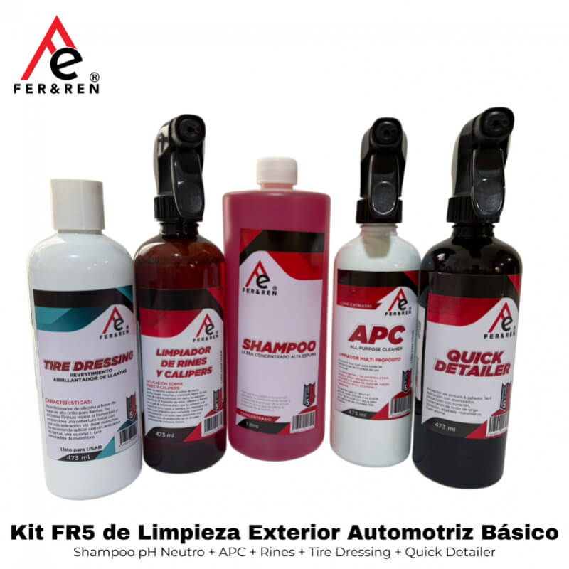 Kit FR5 de Limpieza Exterior Automotriz Básico | Shampoo pH Neutro + APC + Rines + Tire Dressing + Quick Detailer