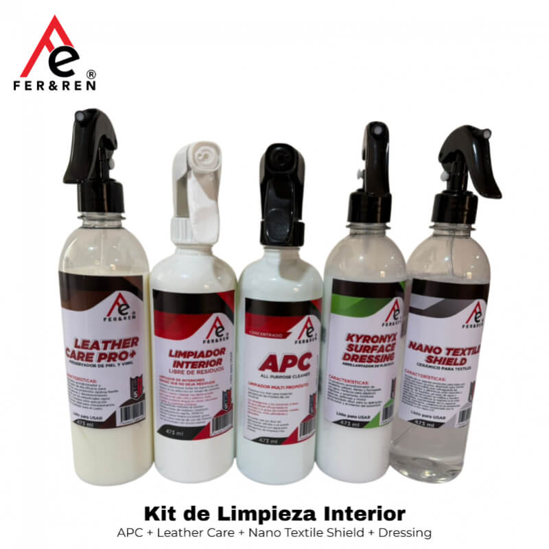 Kit de Limpieza Interior Automotriz Profesional | APC + Leather Care + Nano Textile Shield + Dressing