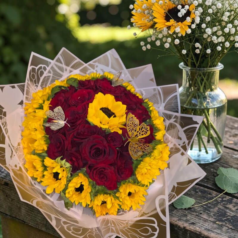 SOL DE PASIÓN | Girasoles & Rosas Rojas Luxury