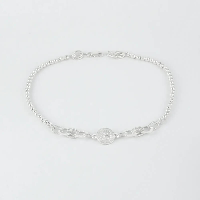 Tobillera Plata 925 Original: Bolitas, Arandelas y Medalla San Benito – Joya Exclusiva para Mujer