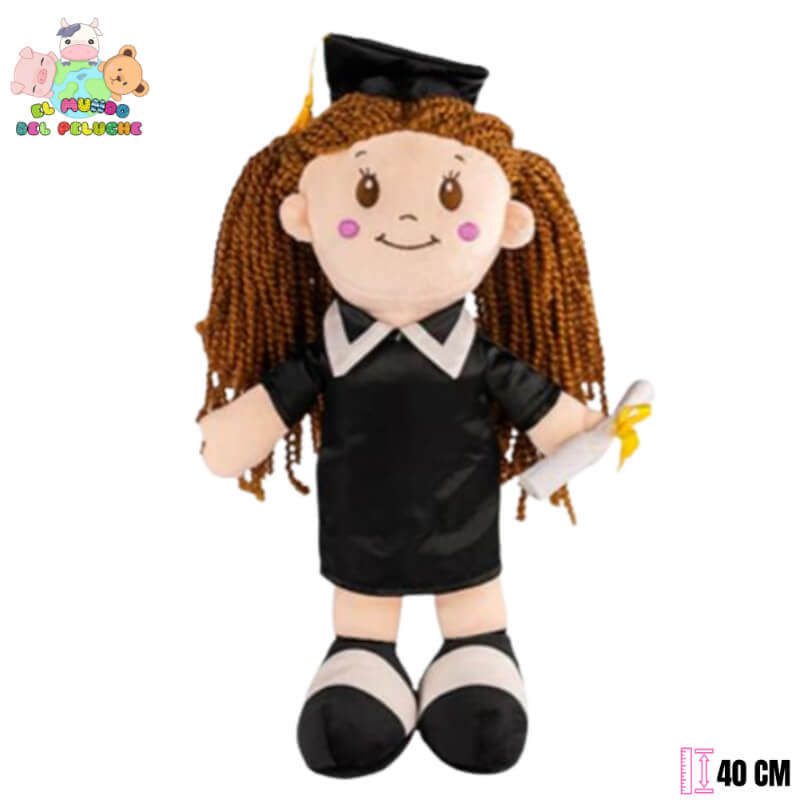 Peluche de Graduación | Niña Graduada con Birrete y Diploma | 40 cm | El Mundo del Peluche