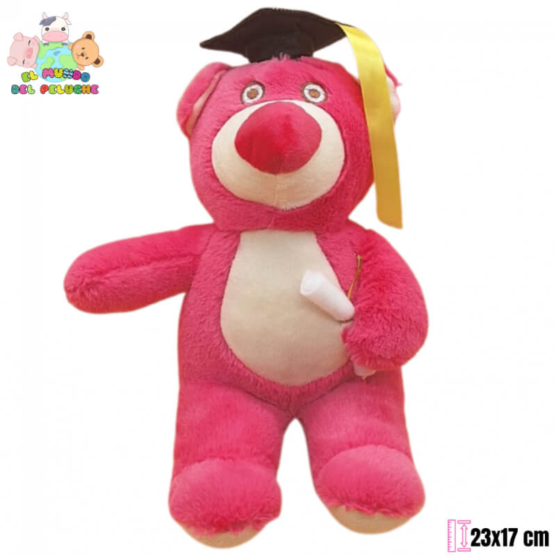 Peluche de Graduación | Oso Lotso Graduado Rosa con Birrete y Diploma | 23x17 cm | El Mundo del Peluche