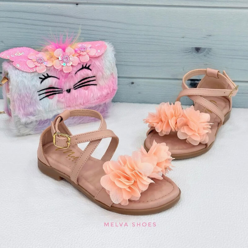 Sandalias Niña Nude con Flores Melón