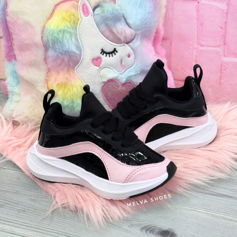 Sneakers Niña Negros y Rosados con Suela Blanca
