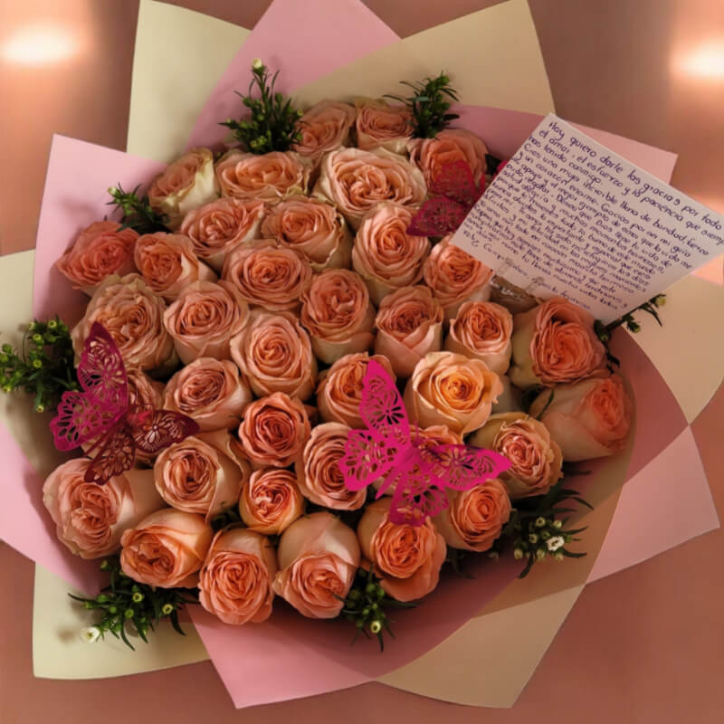 DULCE AMANECER | Domo de Rosas Peach & Mariposas Gema