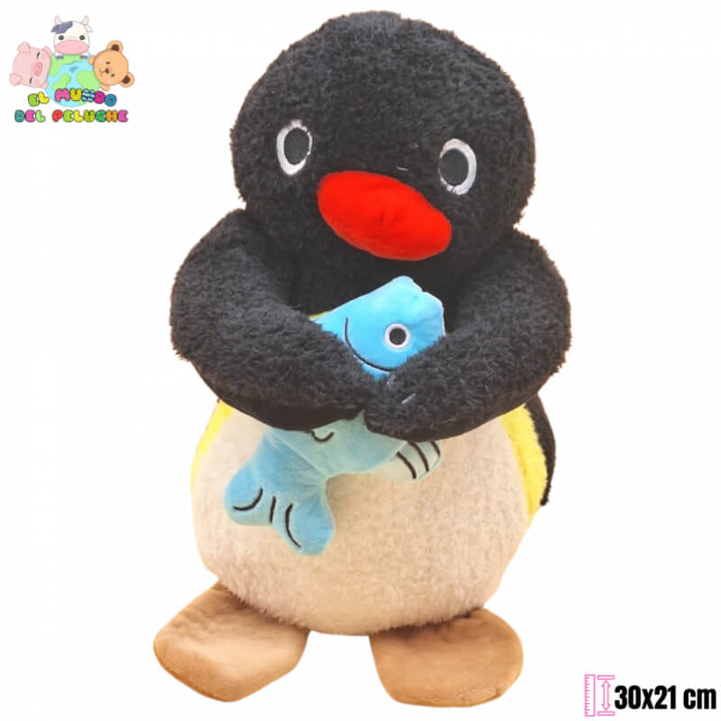 Peluche Pingüino Pingu con Pez | 30x21 cm | El Mundo del Peluche
