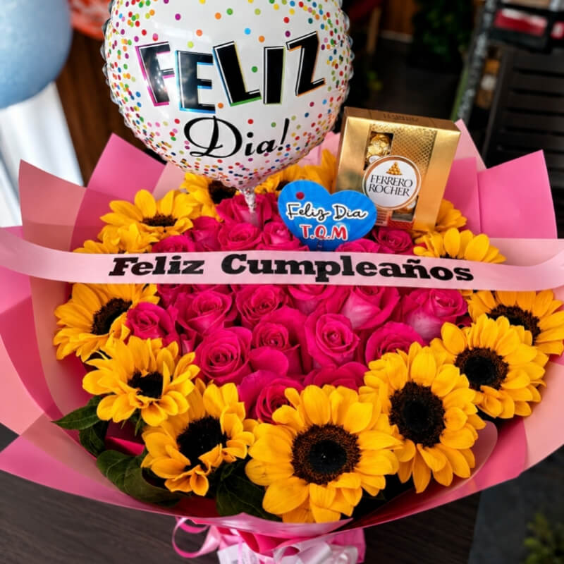 FIESTA CELESTE | Combo Luxury de Girasoles & Rosas Fucsia