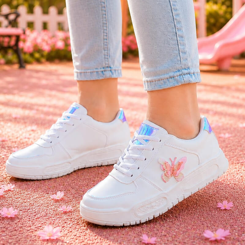 Sneakers Niña Blancas Tornasol Mariposa Rosa