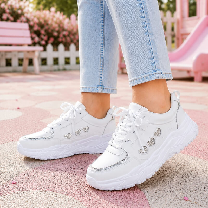 Sneakers Chunky Niña Blancas con Corazones Plateados