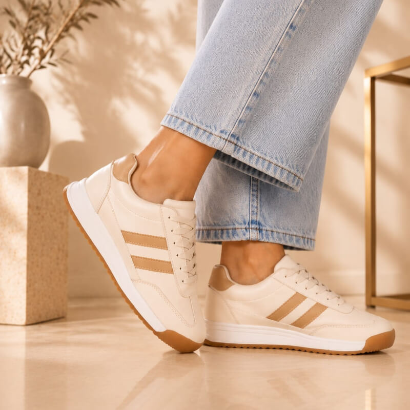 Sneakers Beige con Rayas Café